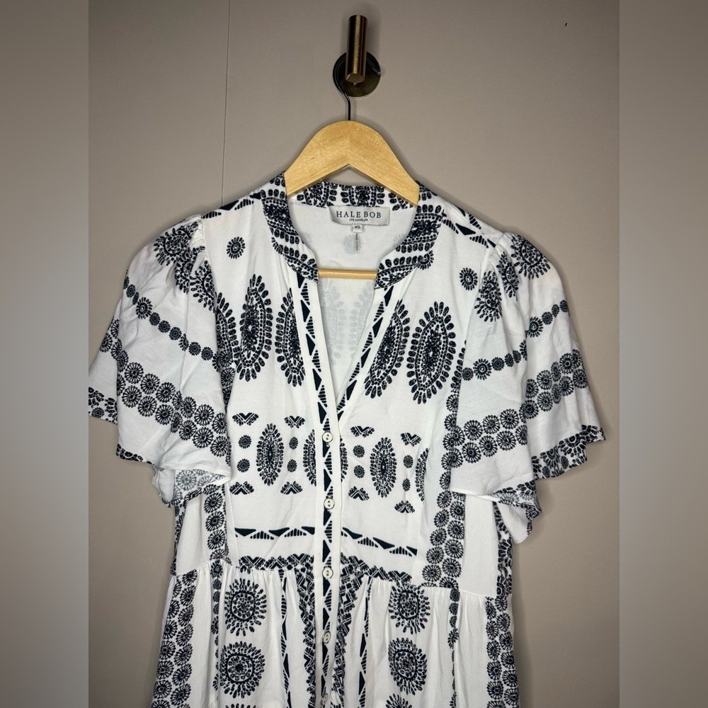 Hale Bob Hania Printed Mini Dress XS Black White Boho Viscose - Picture 3 of 11